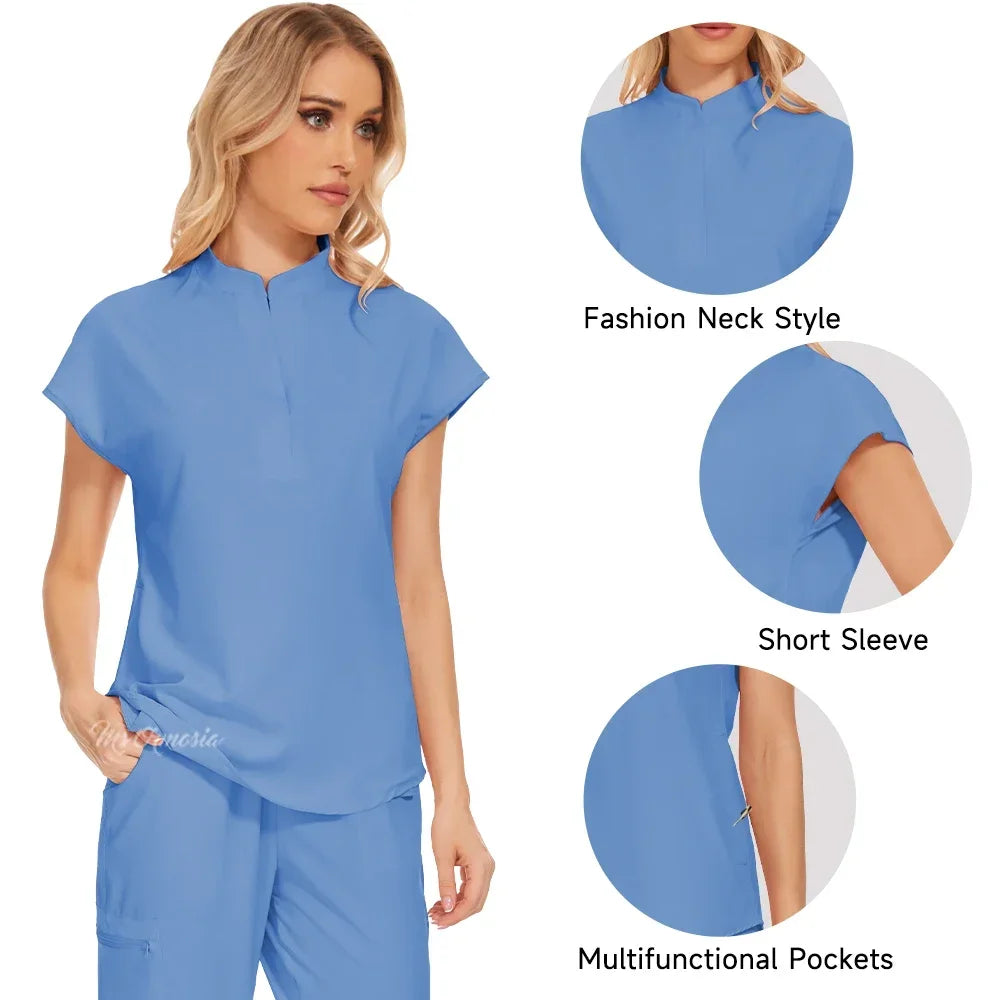 Blue elastic medical scrub set featuring a fashionable neck, short sleeves, and multifunctional pockets.