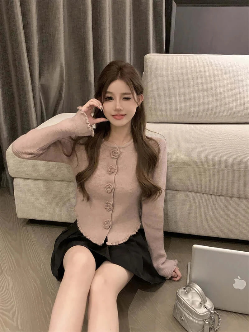 Women Cropped Floral Knit Cardigan