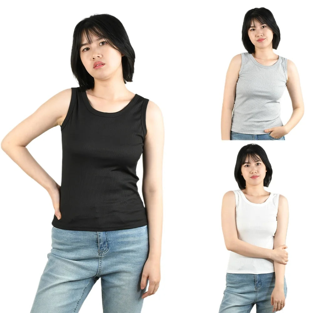 SlipFit™ anti-slip invisible cami tank tops in black, gray, and white on a model showcasing summer comfort.