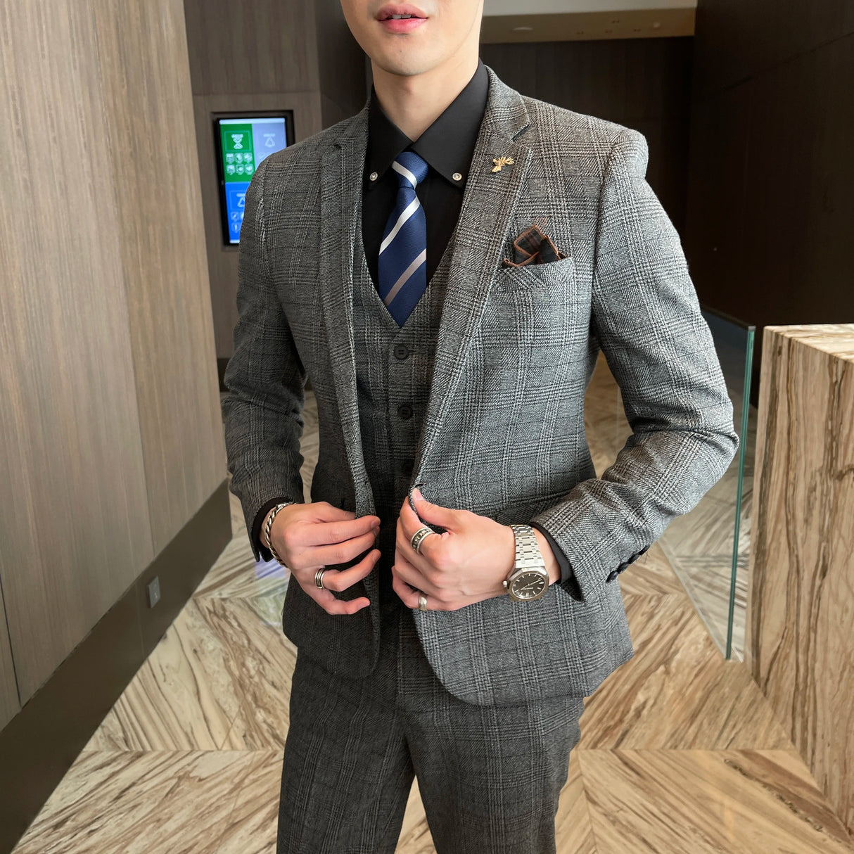 Men Plaid 3-Piece Business Suit