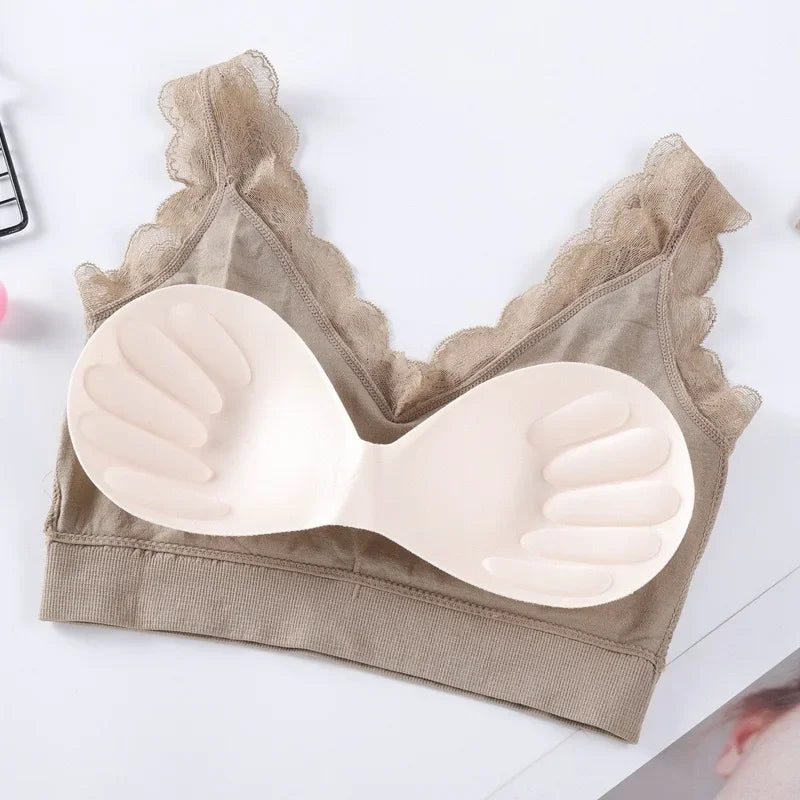 WireFreeFlex™ seamless tank bra top in taupe with lace trim for daily comfort and support.