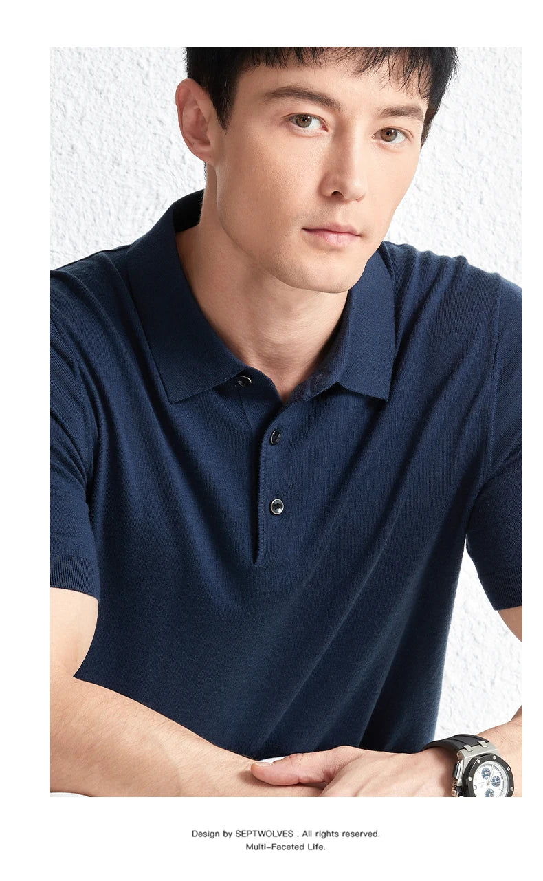 Men Short Sleeve Wool Polo Knit