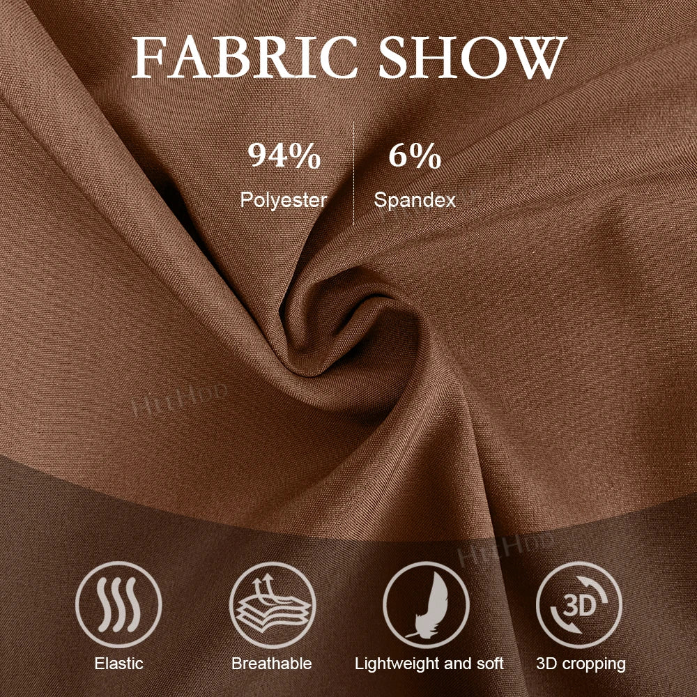 Close-up of brown fabric showing 94% polyester, 6% spandex, highlighting breathable, elastic, and lightweight features.