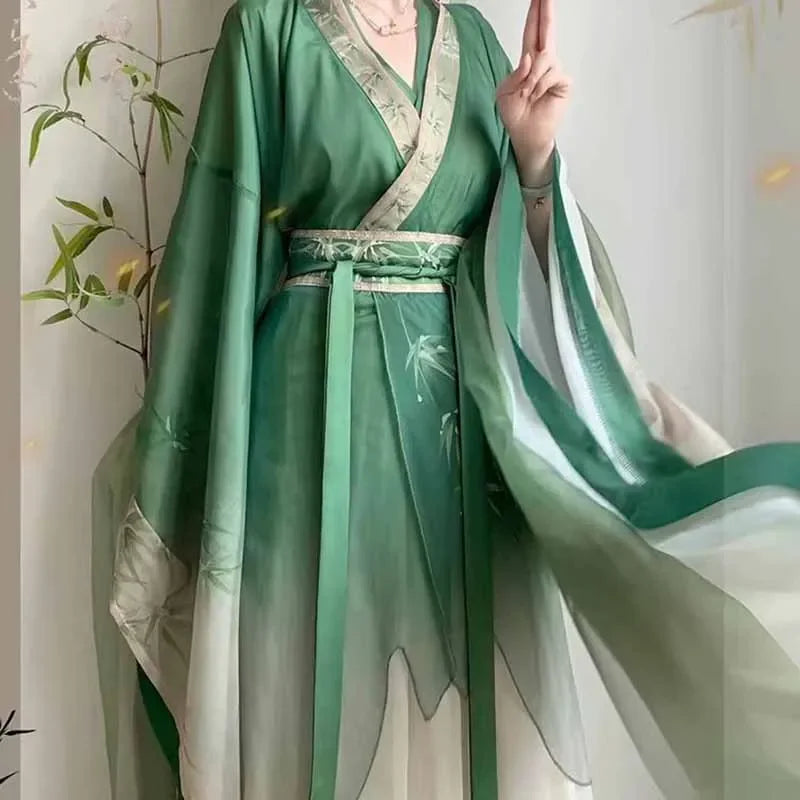 Bamboo Green Hanfu Dress featuring flowing sleeves and delicate bamboo print, perfect for parties and festivals.