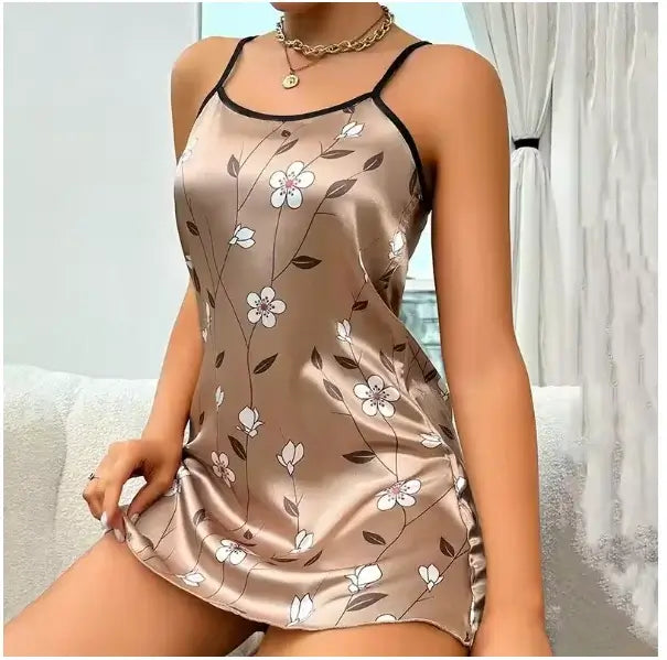 Women Black Floral Nightdress Satin Sleepshirt Casual