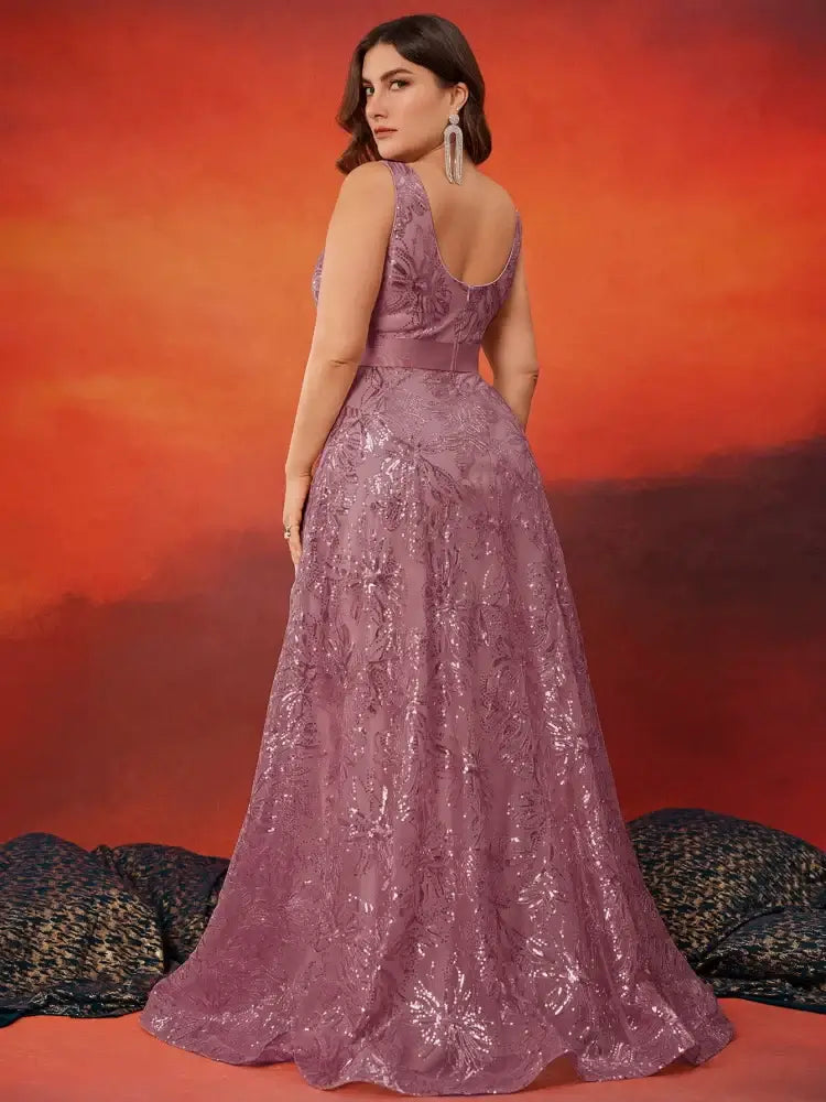 Women Plus Size V-Back Sequin Evening Cocktail Dress