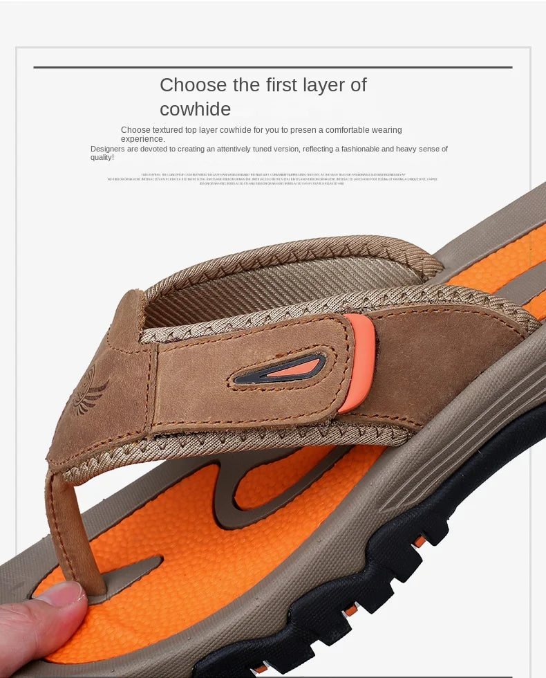 Men Cow Leather Beach Flip Flops Sandals