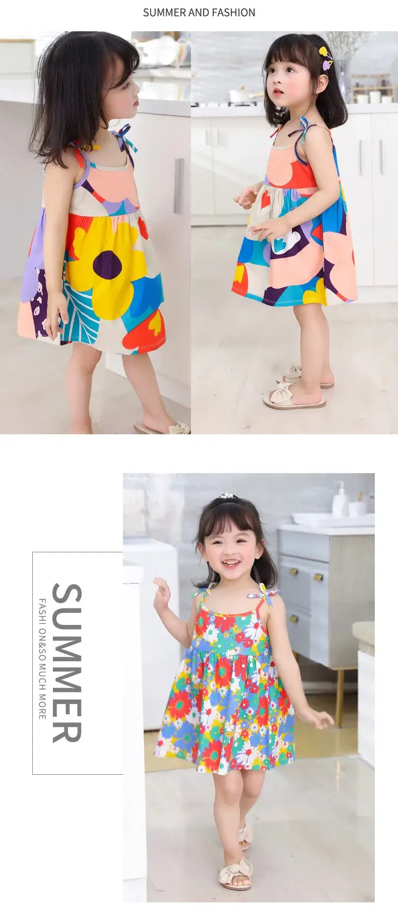 Cute summer dresses for girls featuring bright floral patterns and vibrant colors, perfect for ages 4-6.