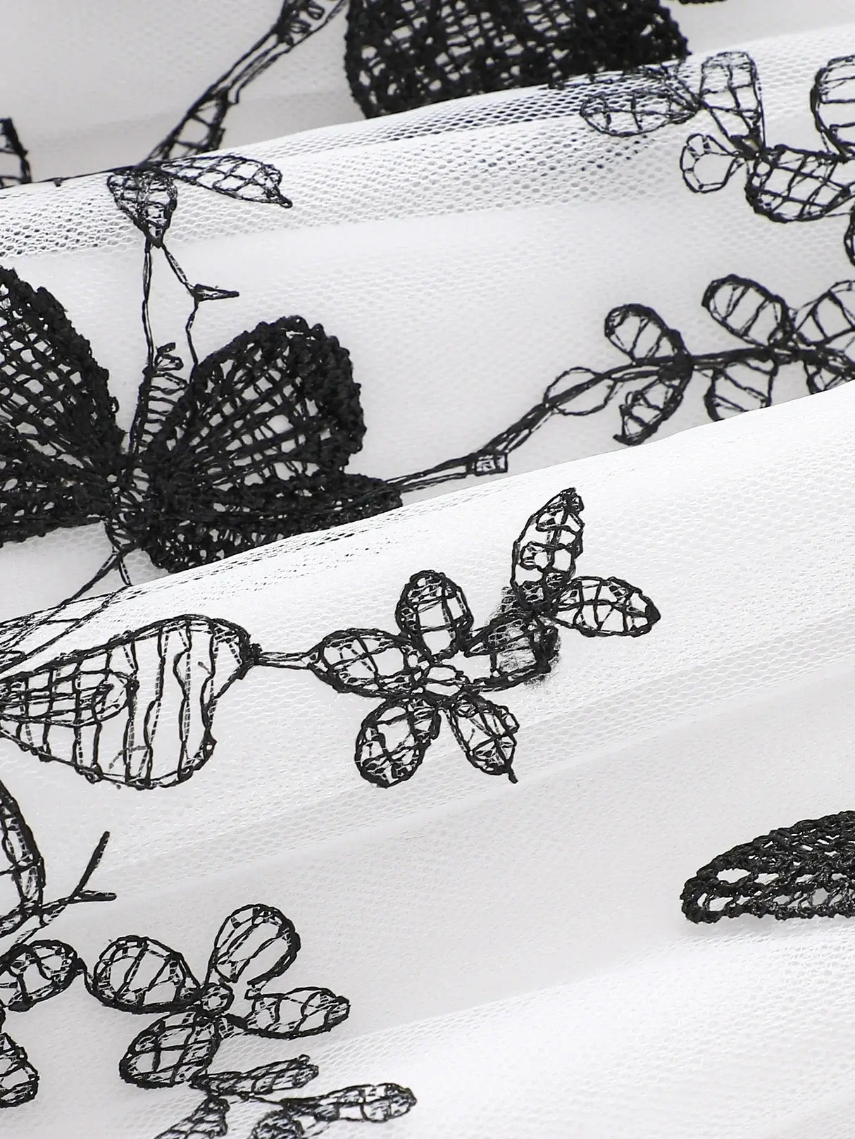 Close-up of intricate black lace pattern on white fabric, featuring flowers and butterfly designs.