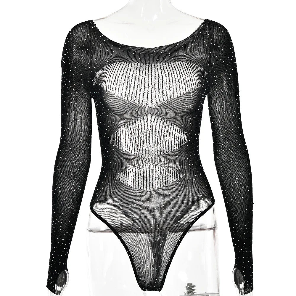 Women's Knitted Rhinestone Long Sleeve Bodysuit – Sexy Y2K Outfit