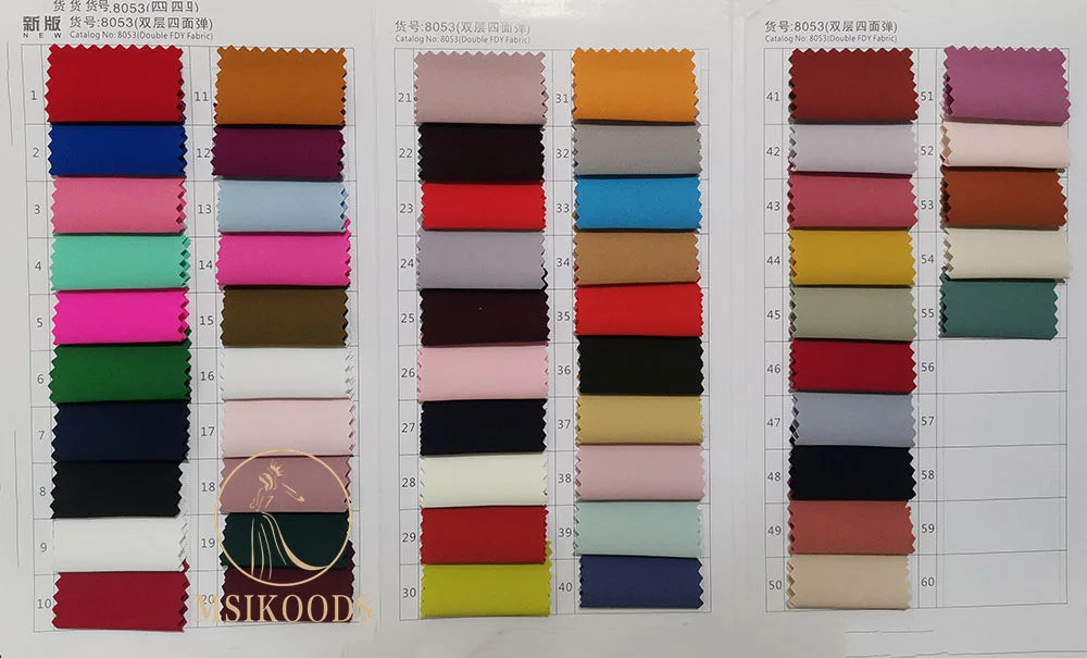 Swatches of fabric colors for Msikoods bridal gowns, showcasing various shades and textures.