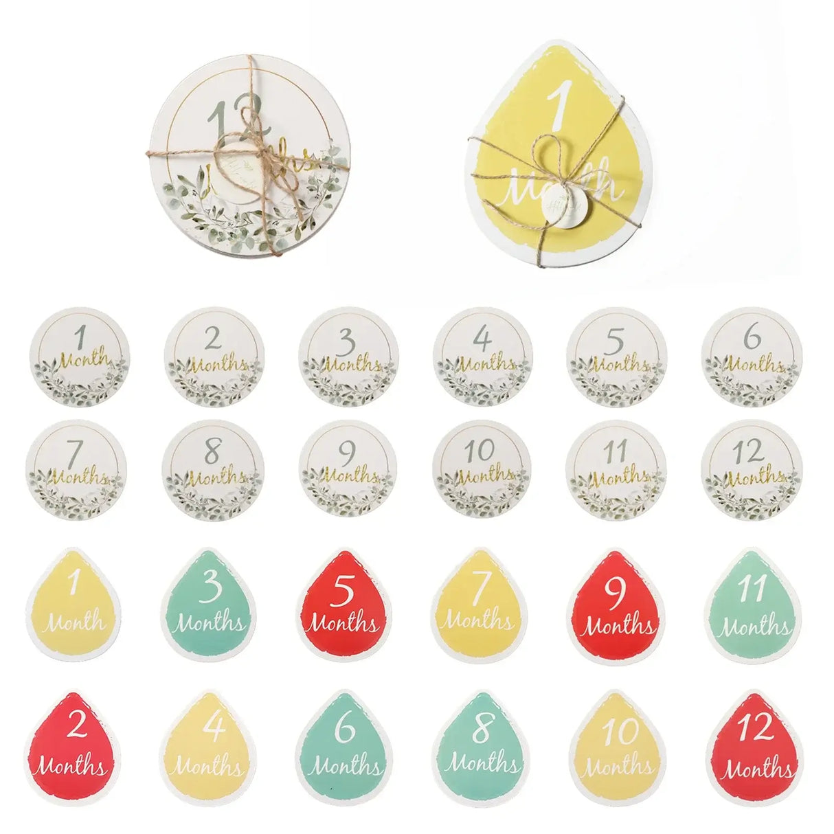 Set of 12 newborn milestone cards featuring months highlighted with floral and waterdrop designs, ideal for baby photography.