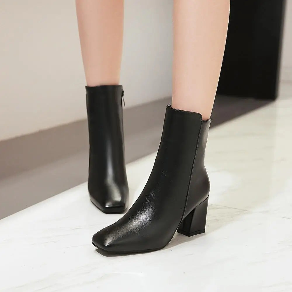 Women Side Zipper Mid-Heel Ankle Boots – Winter Casual Shoes