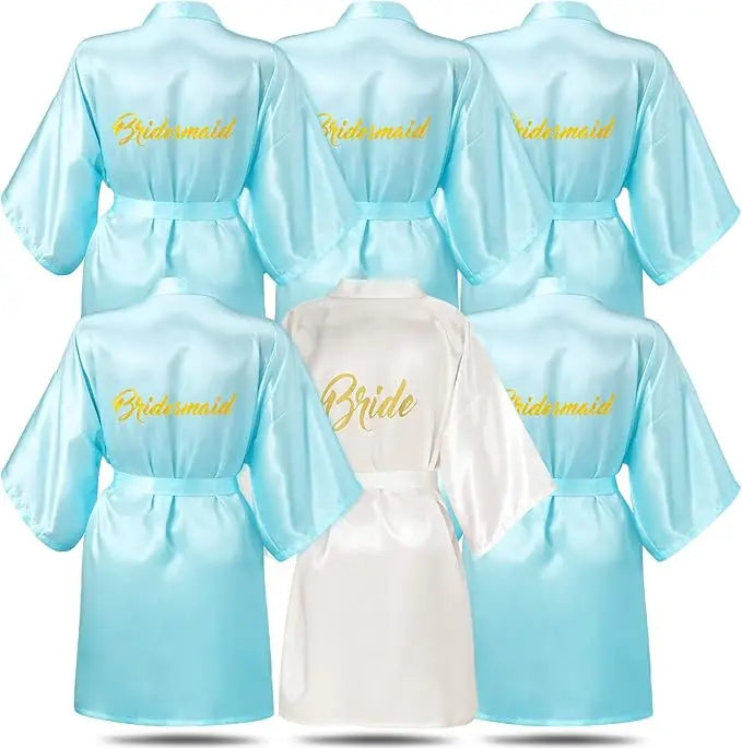 6-piece bridesmaid robe set in light blue with 'Bridesmaid' and 'Bride' designs, perfect for wedding preparations.