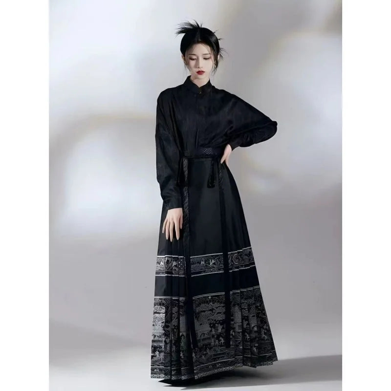 Elegant black horse face skirt traditional Hanfu outfit for women, showcasing intricate designs and a classic fit.