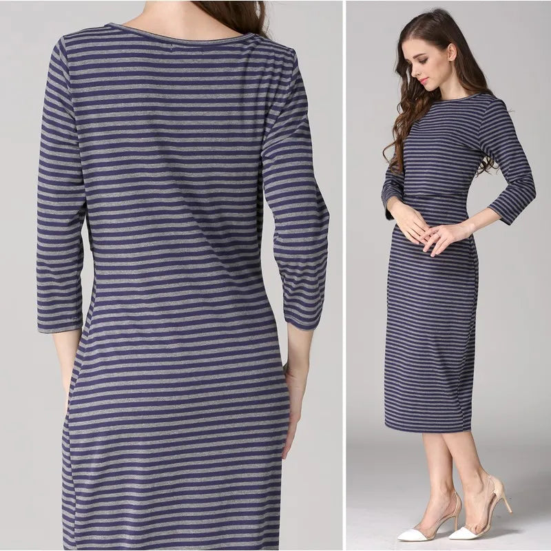 Postpartum nursing maternity dress in striped design with 3/4 sleeves, knee-length, suitable for breastfeeding.