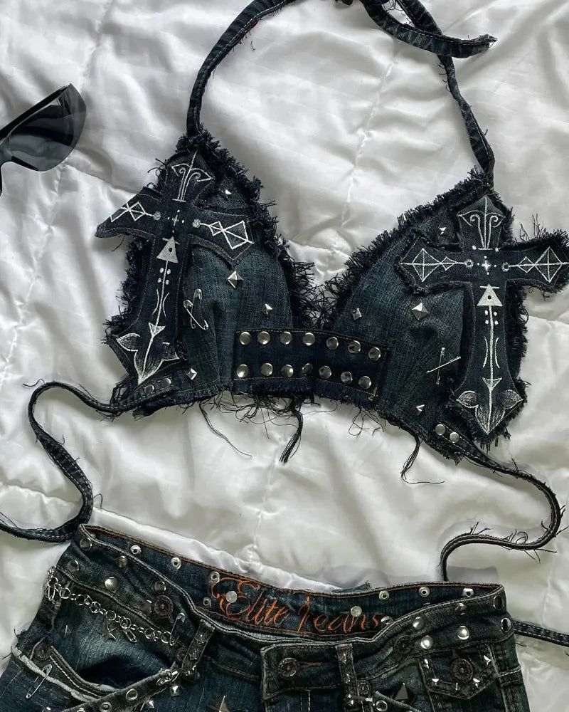 Women Cross Patch Denim Skirt Set