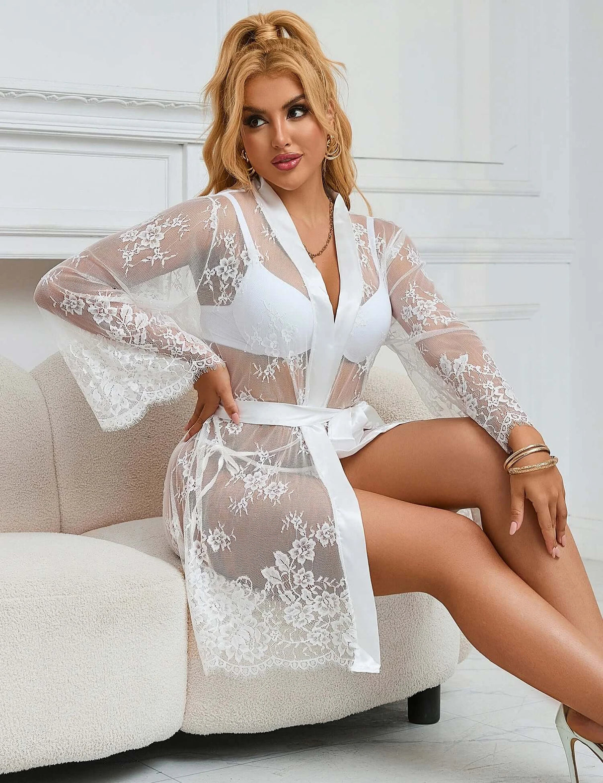Women Plus Size White Lace Robe Long Sleeve Nightdress