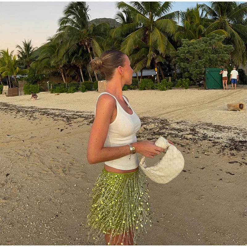 Women Sequin Tassel Party Skirt