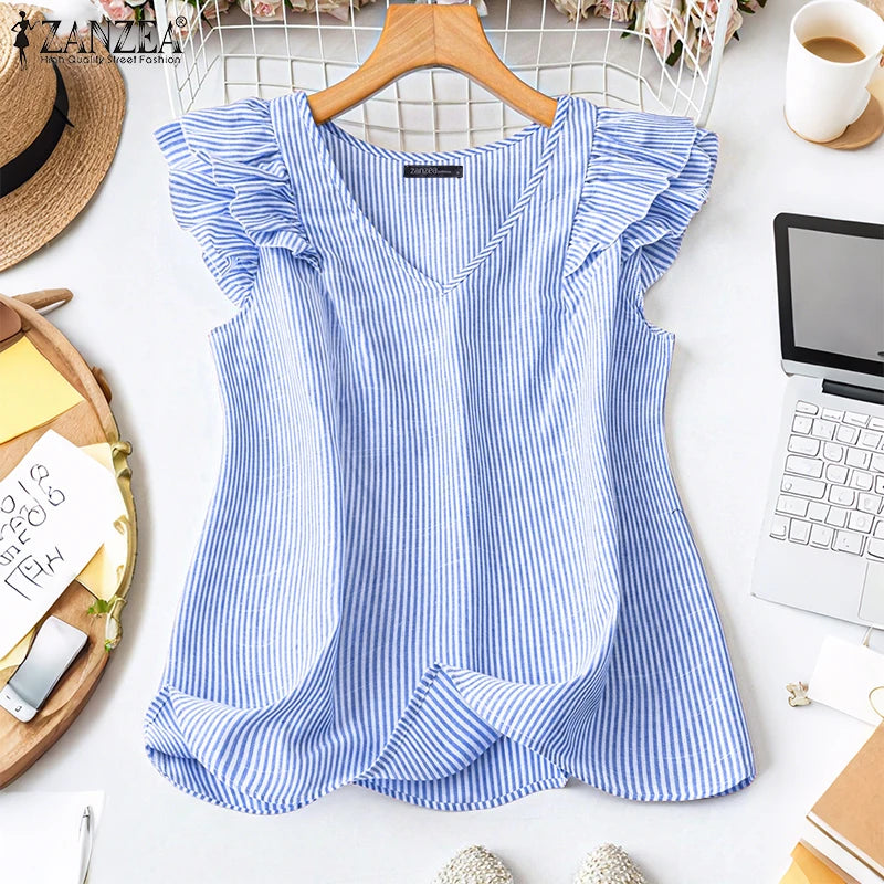 Women Striped Sleeveless V-Neck Top