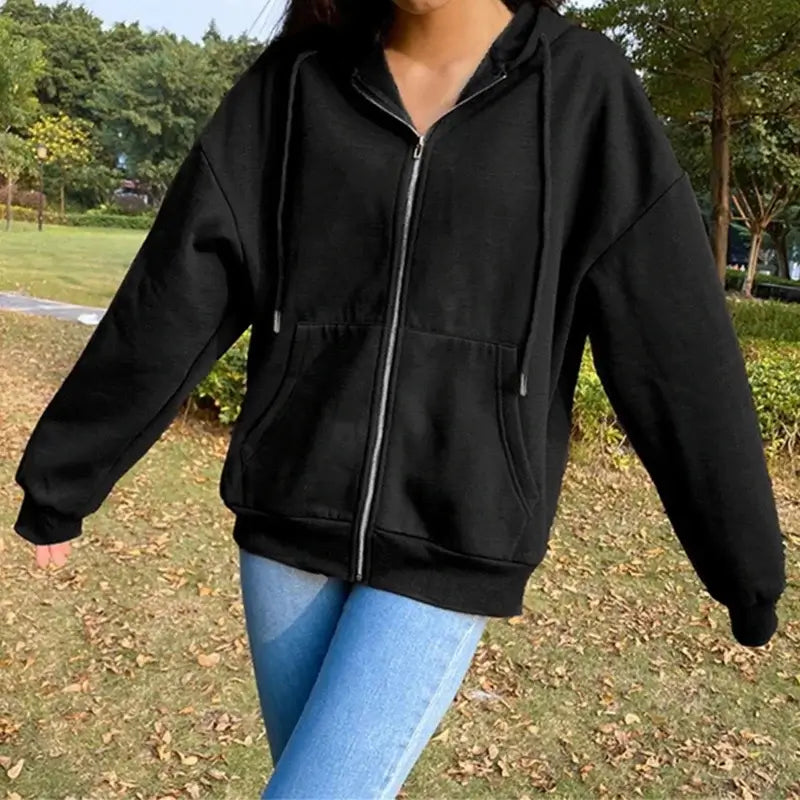 Women Fleece Hoodie Solid Color Zip Up Sweatshirt