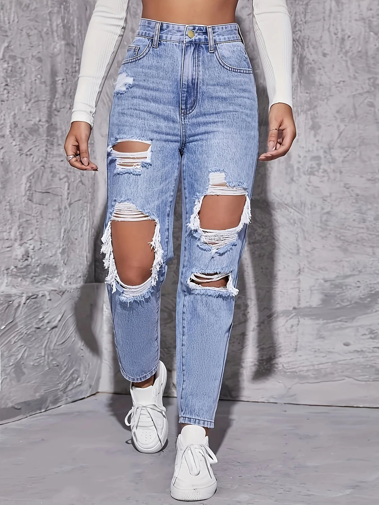 Women Retro Hole Wide-Leg Jeans