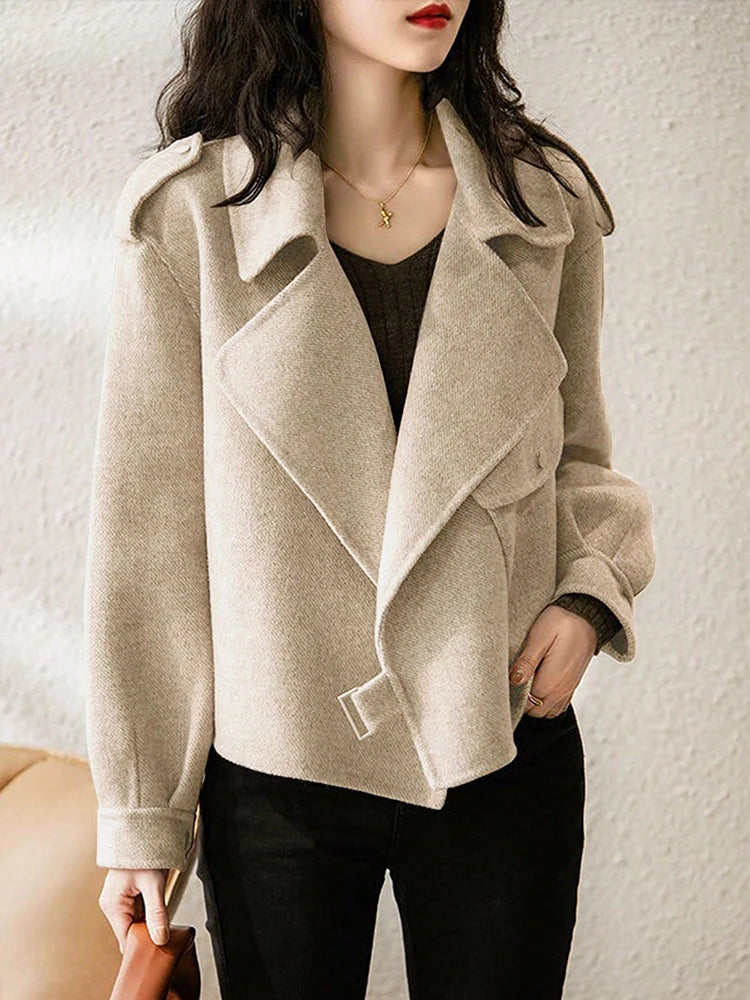 Elegant Woolen Belted Bomber Winter Coat