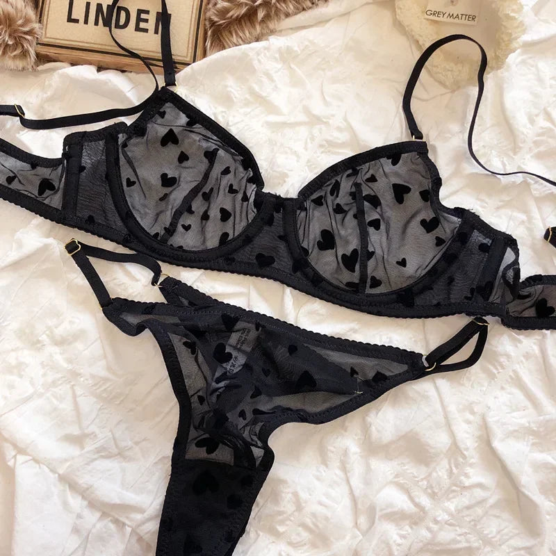 Women Mesh Heart Lingerie Set