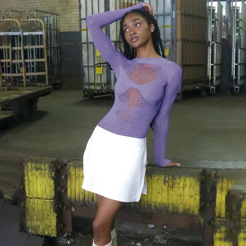 Women's Knitted Rhinestone Long Sleeve Bodysuit – Sexy Y2K Outfit