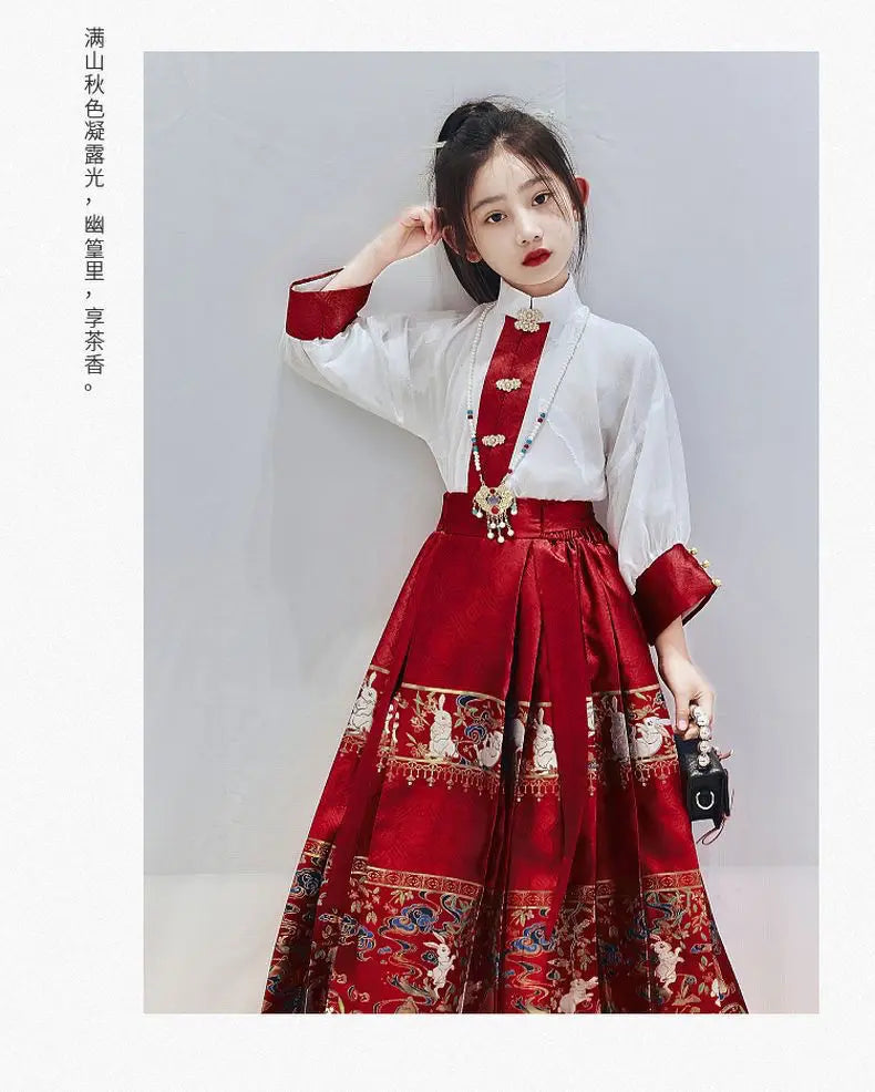 Summer Hanfu girls dress with embroidered skirt in red and white, showcasing traditional style and intricate design.