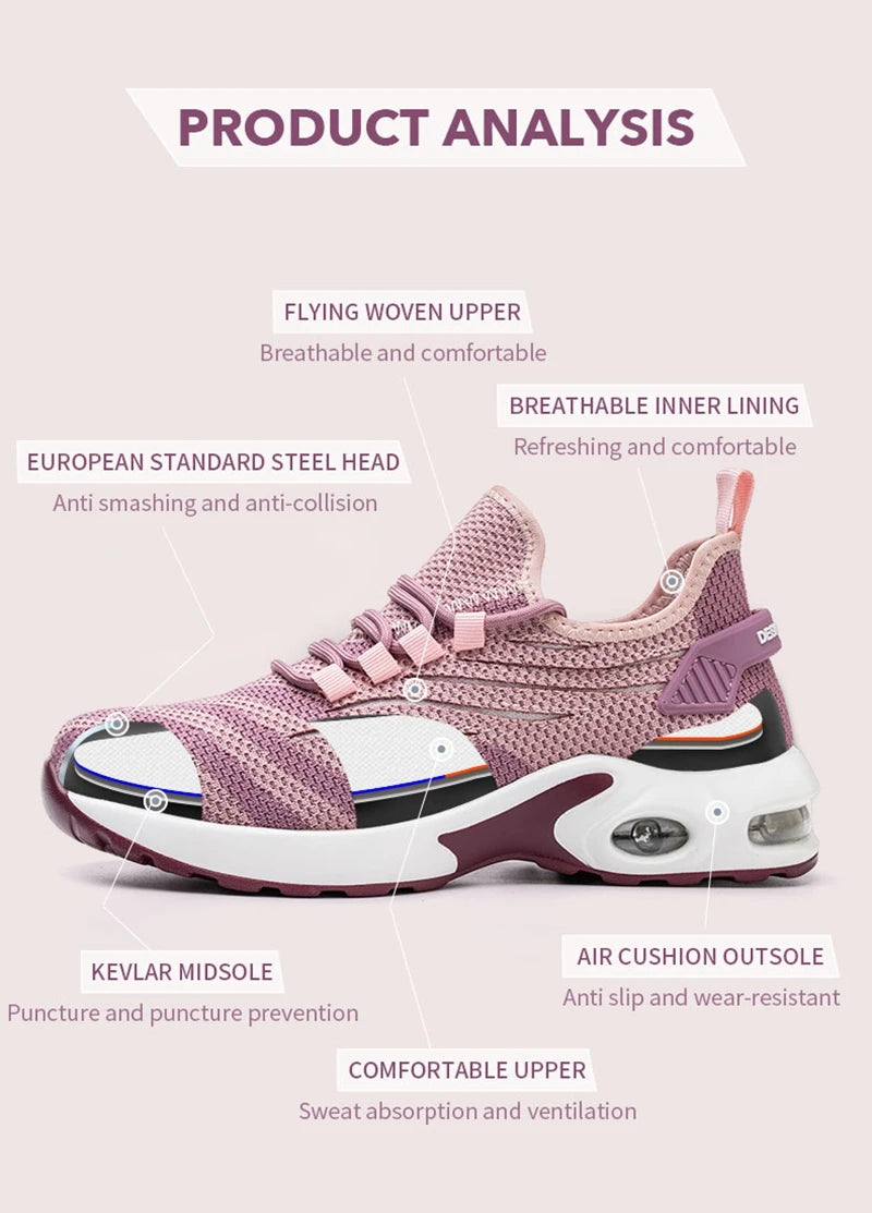 Women Safety Shoes Pink Steel Toe Sneakers