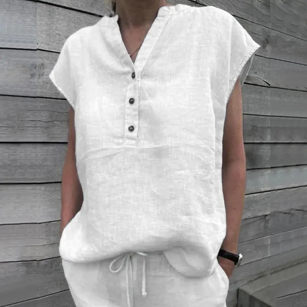 BreezyLuxe™ Cotton Linen V-Neck Blouse in white, featuring buttons and a casual fit, perfect for summer wear.