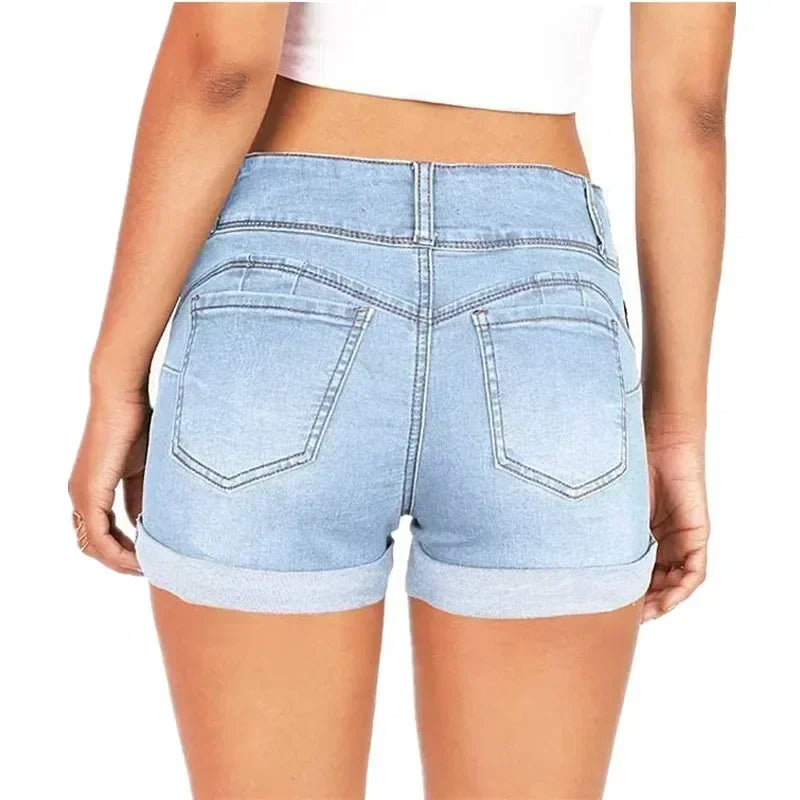 Women Denim Waistband Stretch Shorts