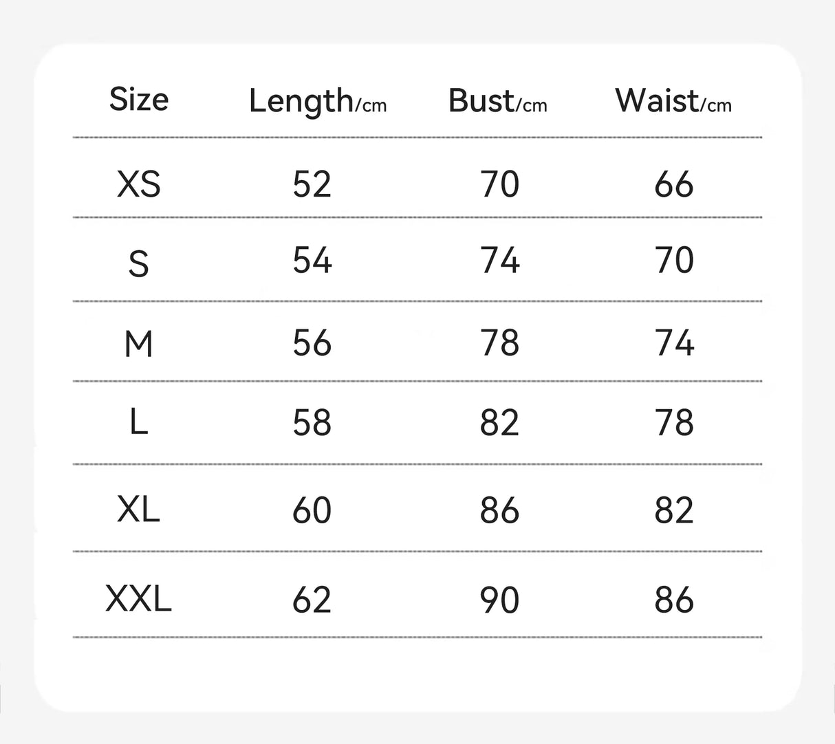 Size chart for Bralux™ built-in bra camisole, including XS to XXL measurements for length, bust, and waist.