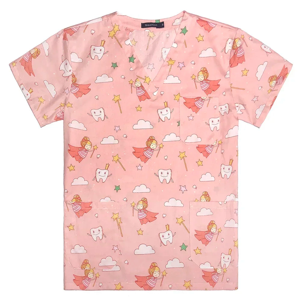 Women's pink hospital nurse scrubs featuring fairy and tooth designs, breathable cotton medical uniform.