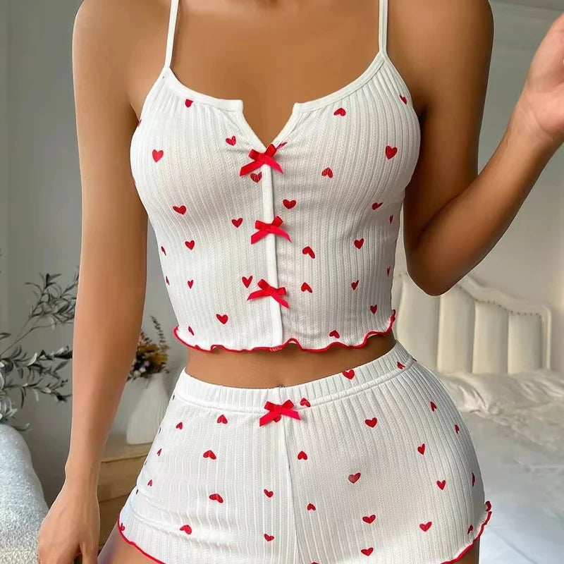 Women Heart Print Silk Pajamas