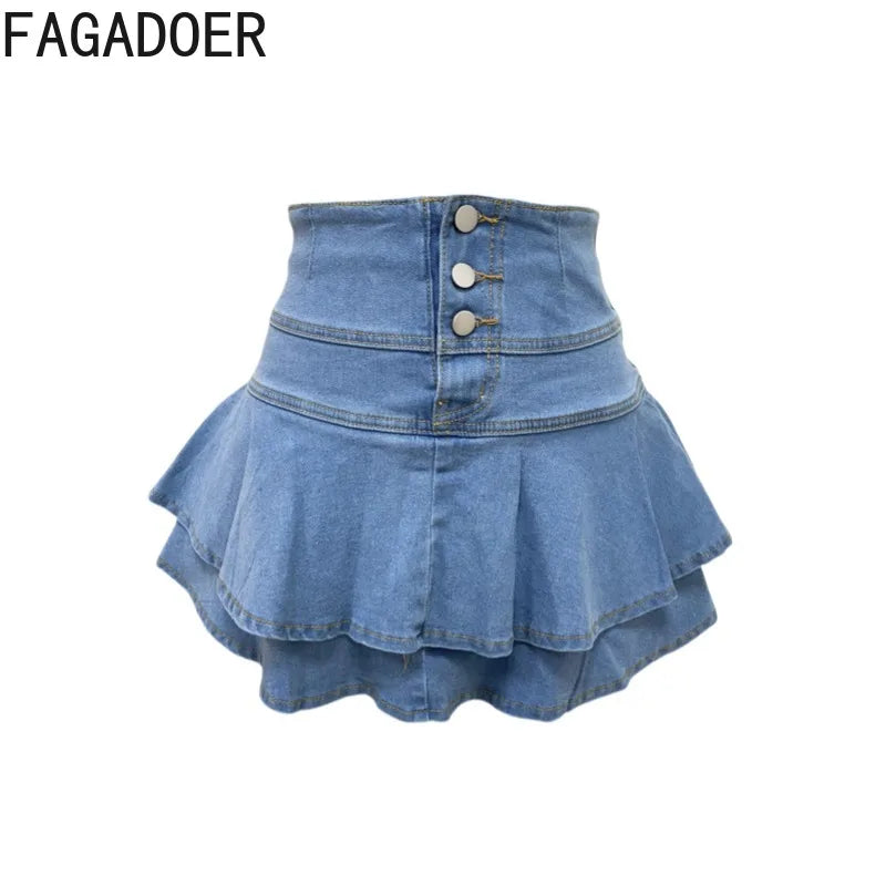 PatchSkirt™ – Ruched Pleated Denim Skirt (Streetwear, Button Detail)