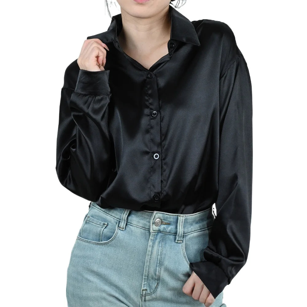 SilkAura™ imitation silk blouse in black, featuring a loose fit and turn-down collar, ideal for business casual attire.
