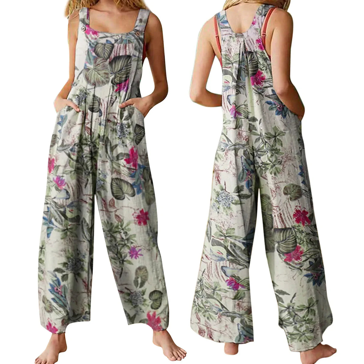 FloraLoom™ – Floral Cotton Linen Jumpsuit (Natural, Breezy & Soft-Touch)