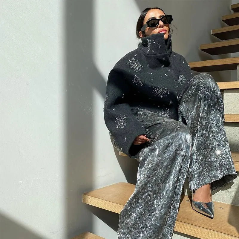 Casual Embroidered Wool Blend Bat Sleeve Coat