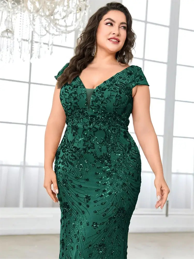 Women Plus Size Mermaid Sequin Formal Prom Dress