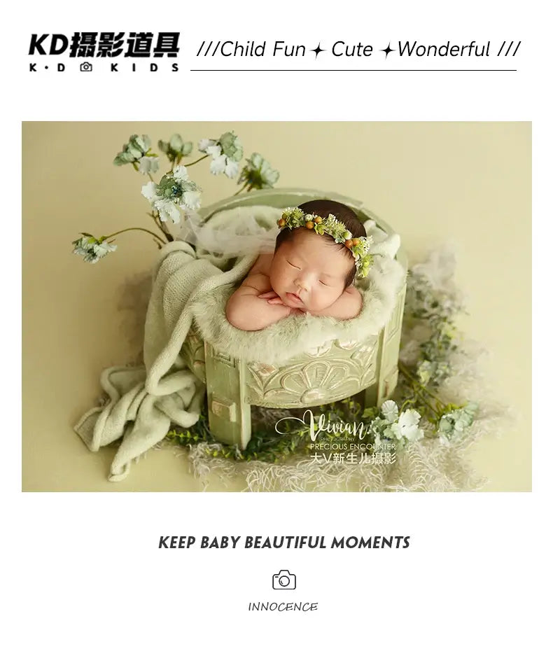 Newborn girl in adjustable faux flower headband, showcasing sweet moments in baby photography.