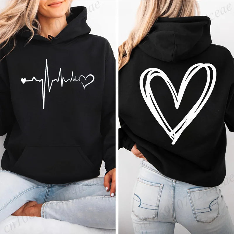 Women's Heartbeat Print Retro Hoodie