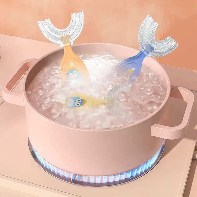 Colorful baby toothbrushes in boiling water, designed for effective oral care and hygiene for infants.