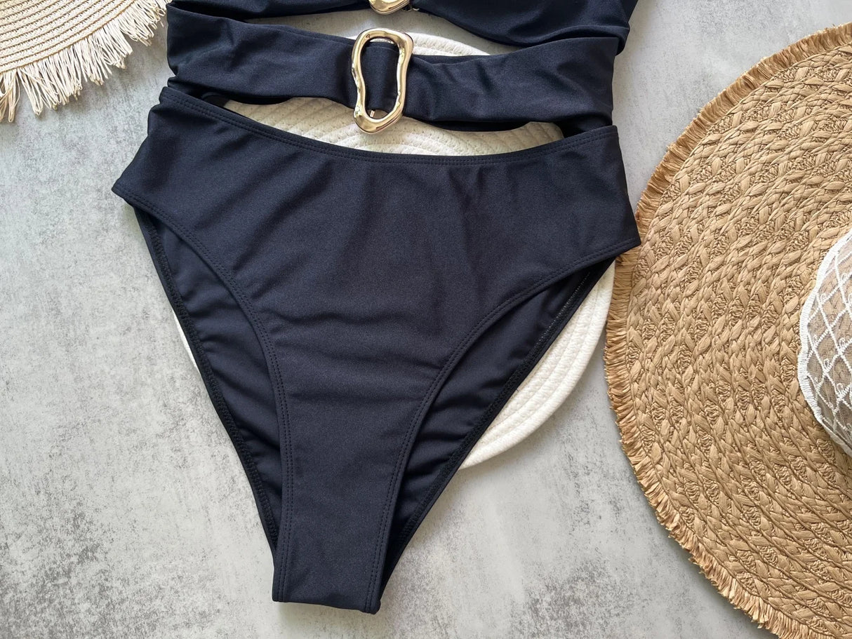 Women Metal Ring Bandeau Swimsuit