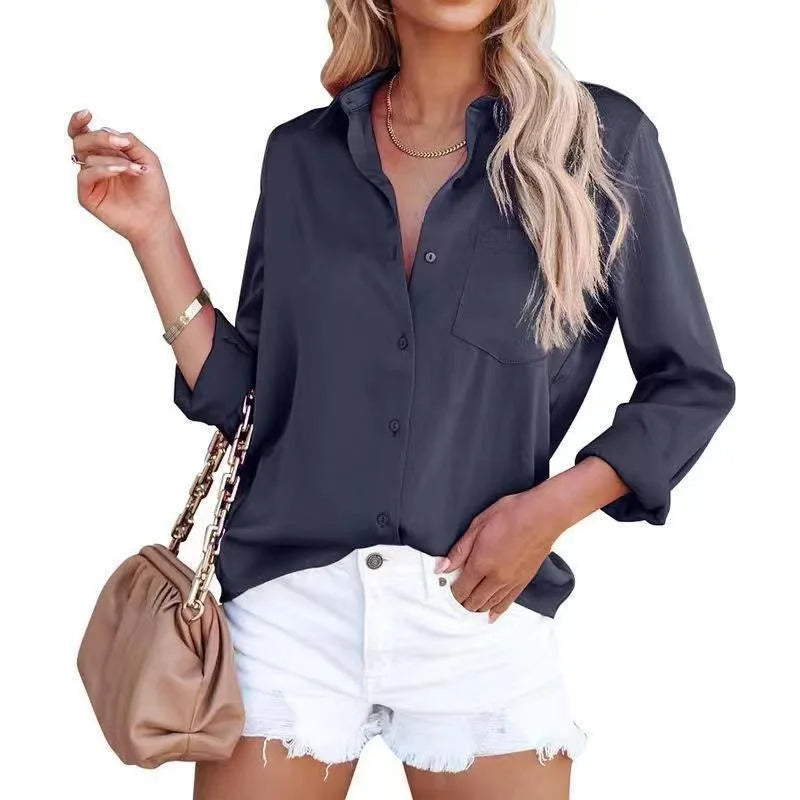 Women Long Sleeve Solid Patch Pocket Blouse