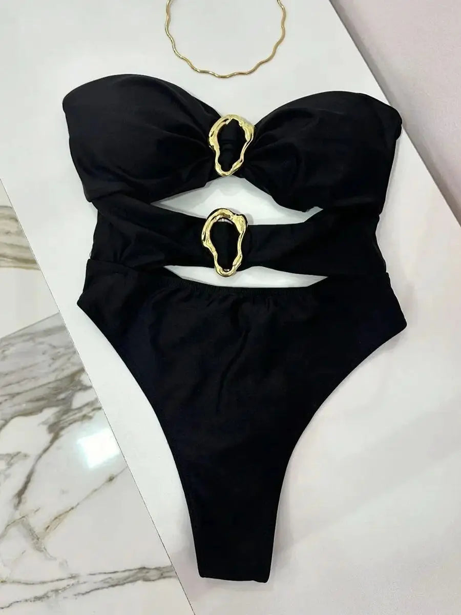 Women Metal Ring Bandeau Swimsuit