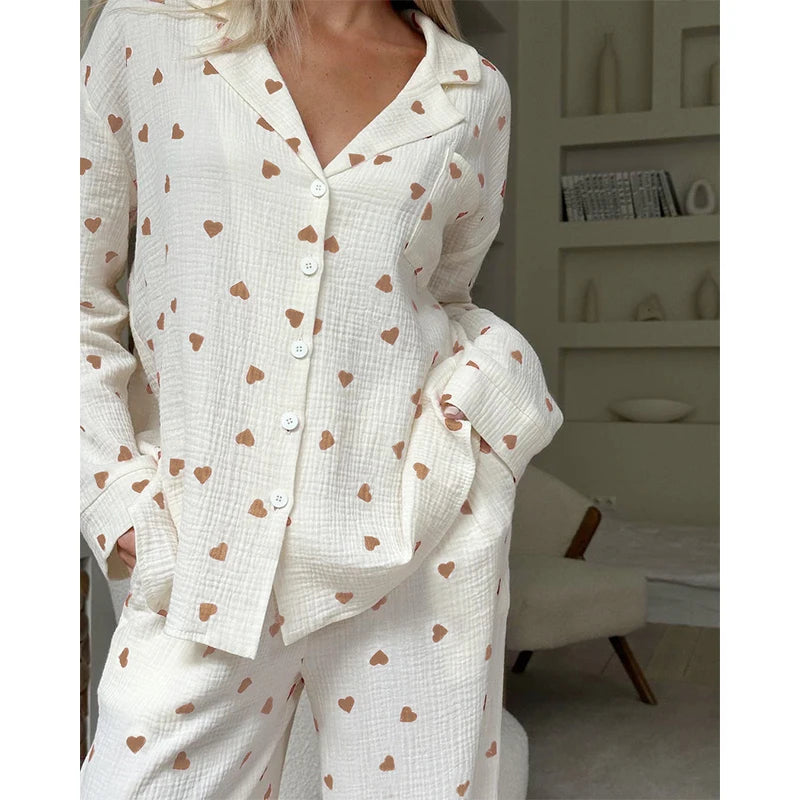 Women Cotton Pajama Set with Hearts
