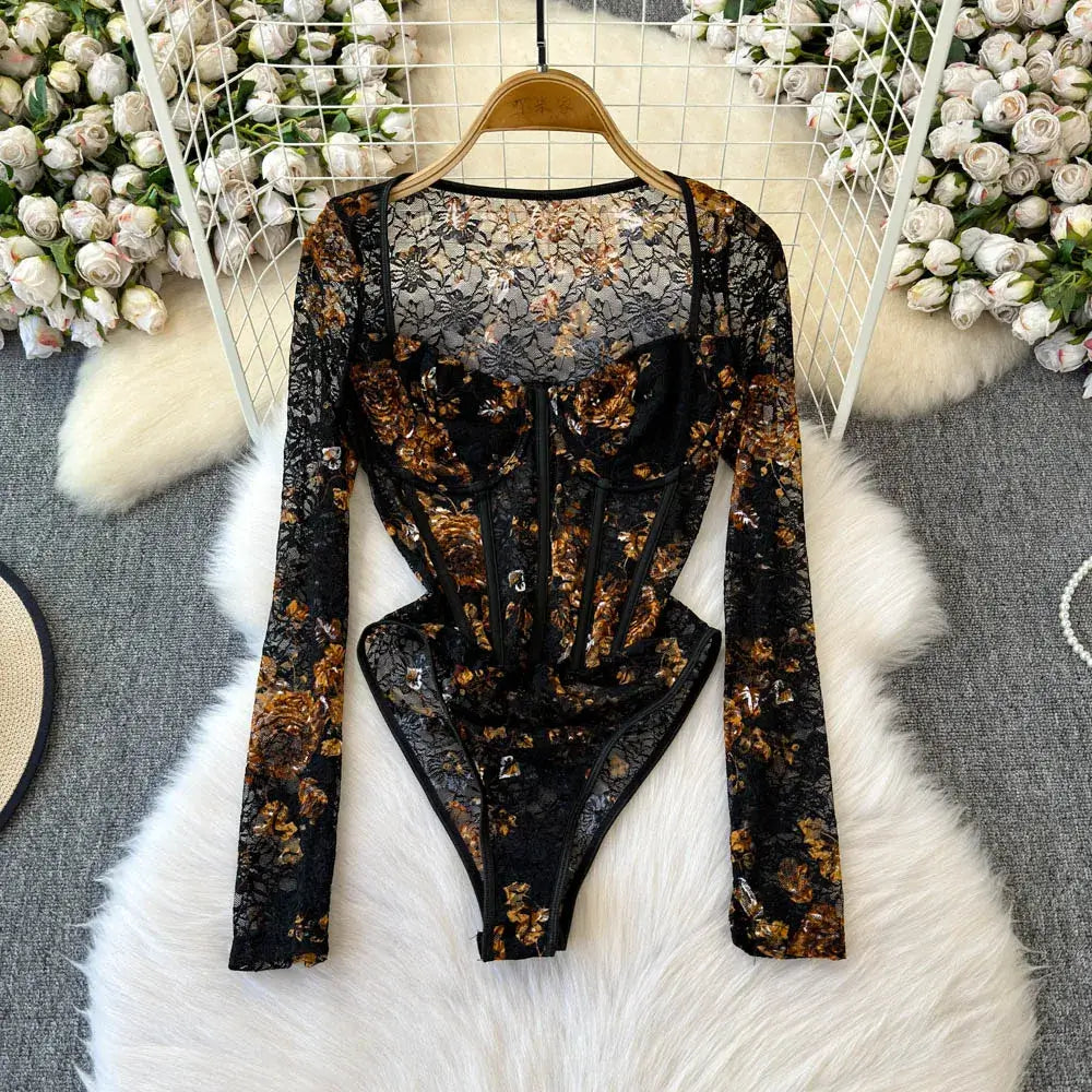 Women Square Neck Mesh Print Bodysuit