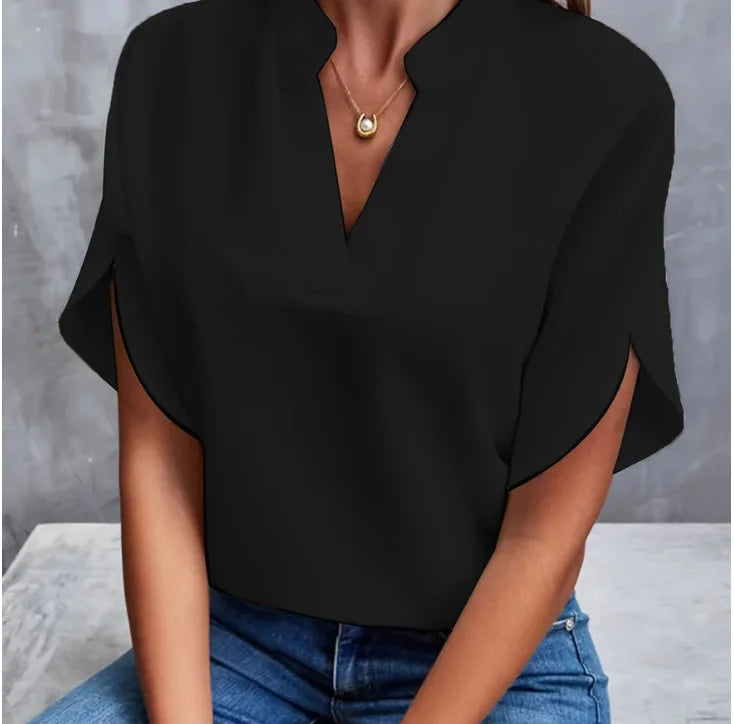 Women Solid V-Neck Short Sleeve Blouse